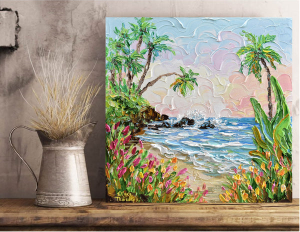 Pink Flowers By The Beach, Impressionist Painting, Acrylic, 12"x12"
