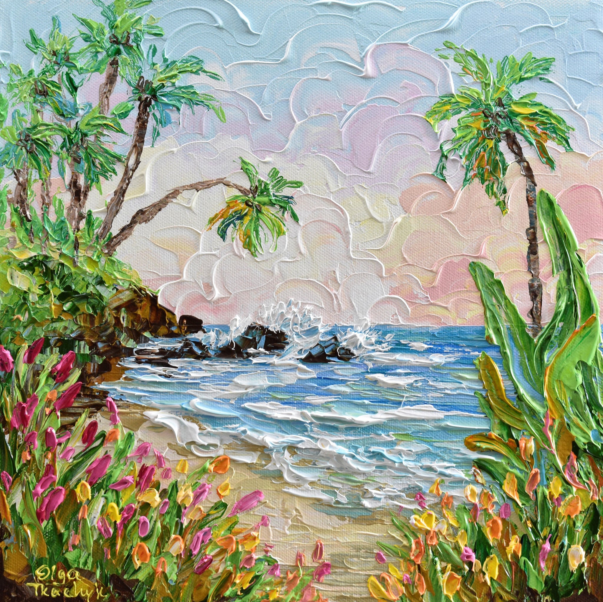 Pink Flowers By The Beach, Impressionist Painting, Acrylic, 12"x12"