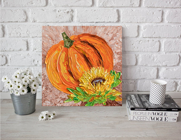 Pumpkin & Sunflower, Impressionist Painting, Acrylics, 12"x12"