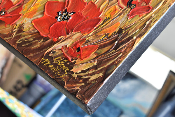 Red Poppy, Impasto Abstract Floral Painting on Canvas, 24"x48"