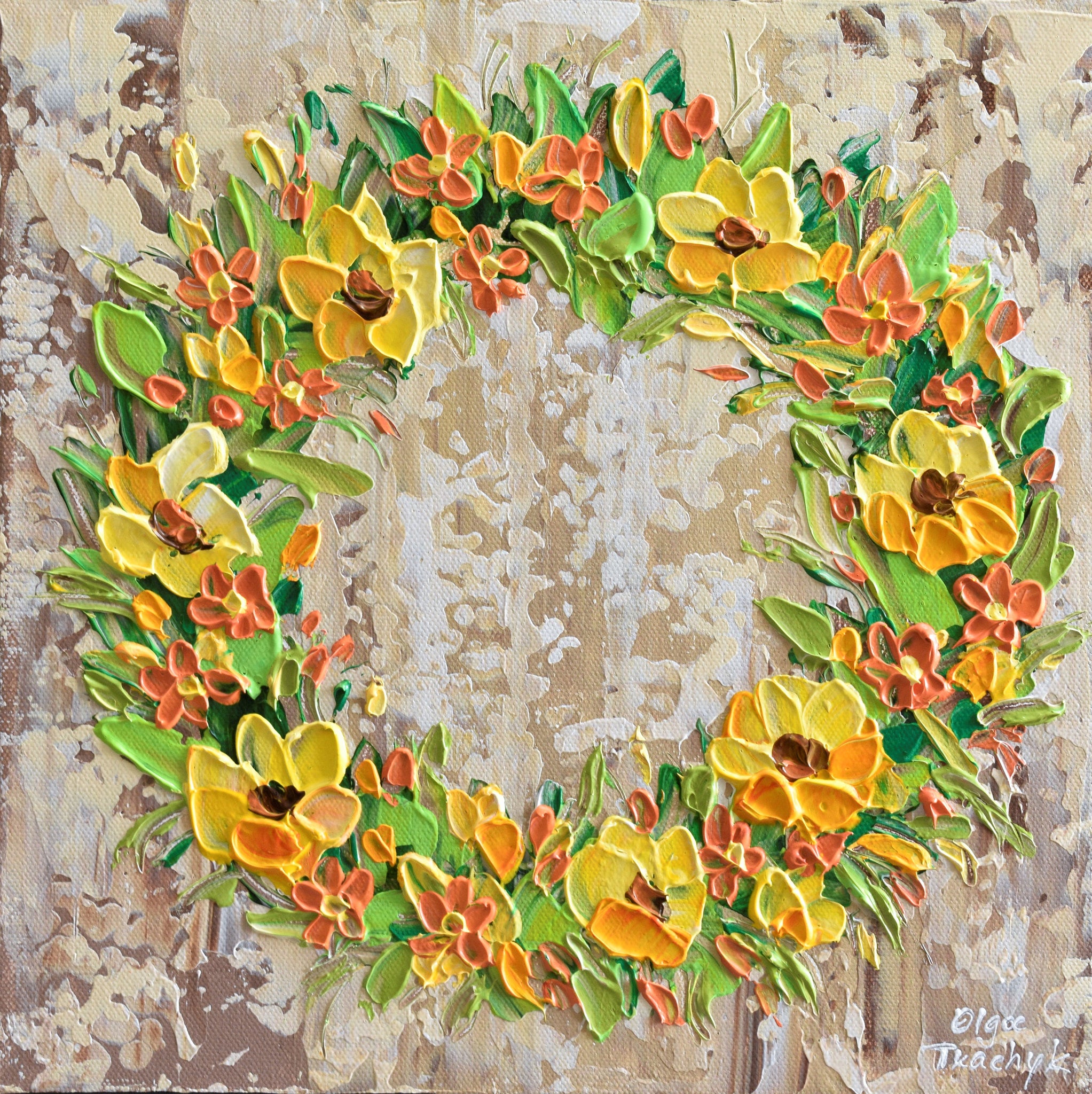 Fall Wreath, Floral Acrylic Painting on Canvas, 12"x12"