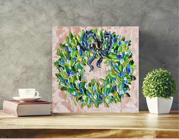 Christmas Wreath with Blue Ribbon, Impasto Painting, 10"x10"