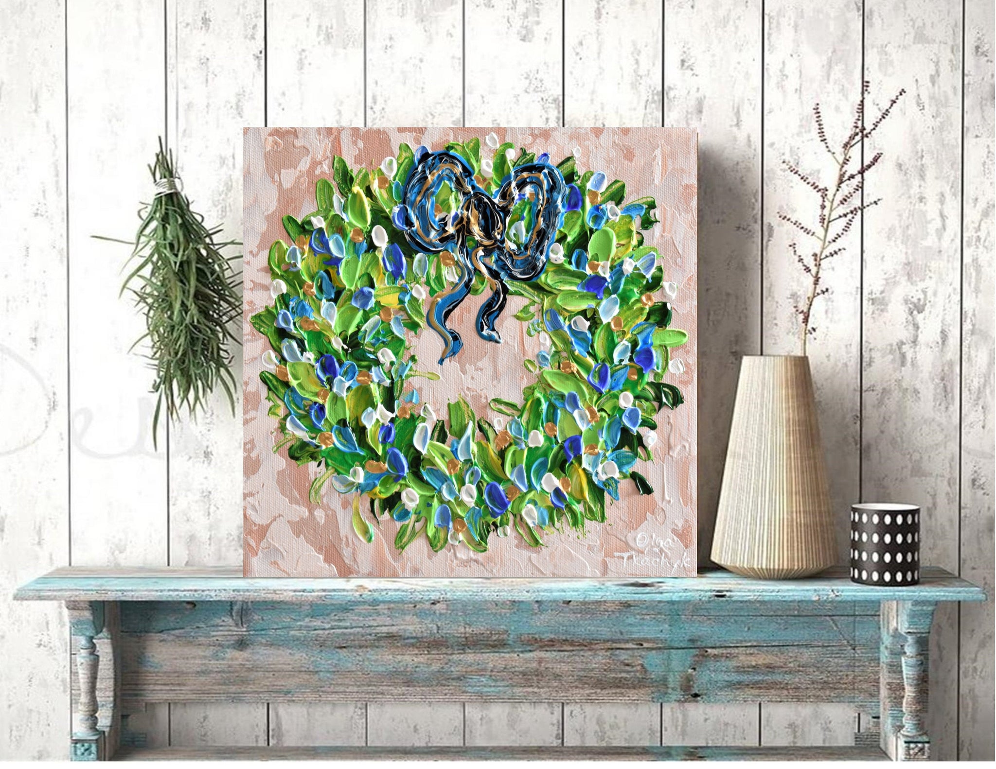 Christmas Wreath with Blue Ribbon, Impasto Painting, 10