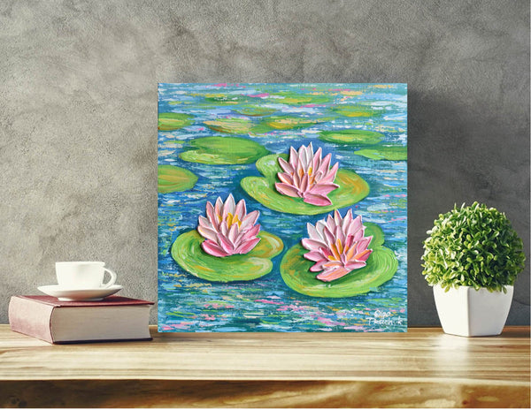 Pink Waterlilies Pond, Impasto Original Floral Painting, 12"x12"
