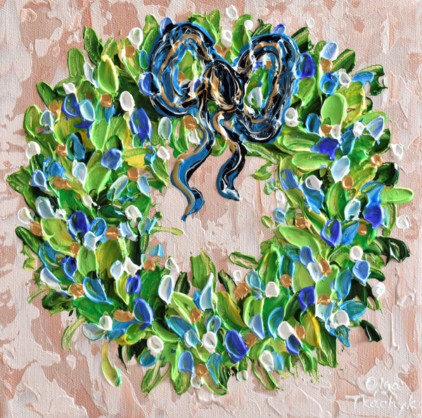 Christmas Wreath with Blue Ribbon, Impasto Painting, 10"x10"