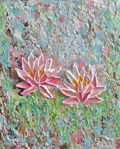Two Water Lilies, Original Impasto Floral Painting, Acrylic, 8"x10"