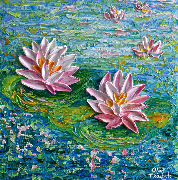 Waterlilies At The Park, Impasto Floral Painting, Acrylic, 12"x12"
