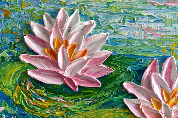 Waterlilies At The Park, Impasto Floral Painting, Acrylic, 12"x12"