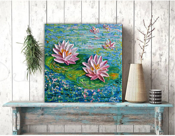 Waterlilies At The Park, Impasto Floral Painting, Acrylic, 12