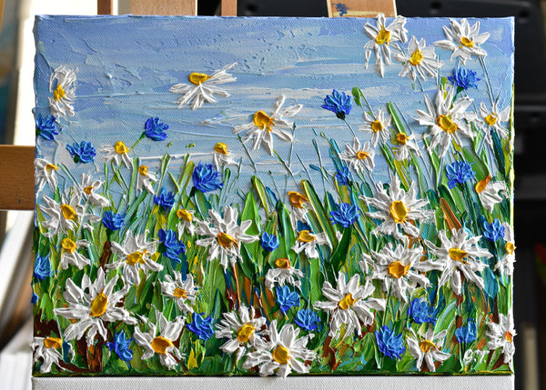 Field of Daisies, Original Impasto Floral Painting, 9"x12"