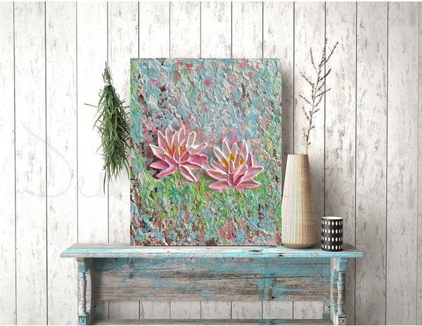 Two Water Lilies, Original Impasto Floral Painting, Acrylic, 8"x10"