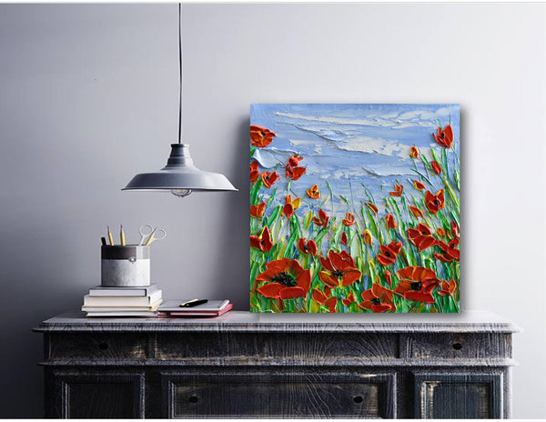 Red Poppies, Original Impasto Floral Painting, Oil, 10"x10"