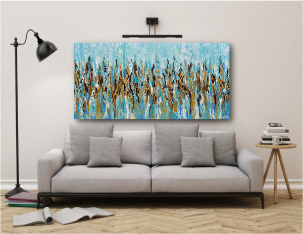 Teal & Gold Synergy, Abstract Acrylic Painting on Canvas, 24"x48"