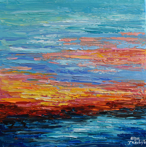 Teal Sunset, Abstract Ocean Painting, Acrylic, 12"x12"