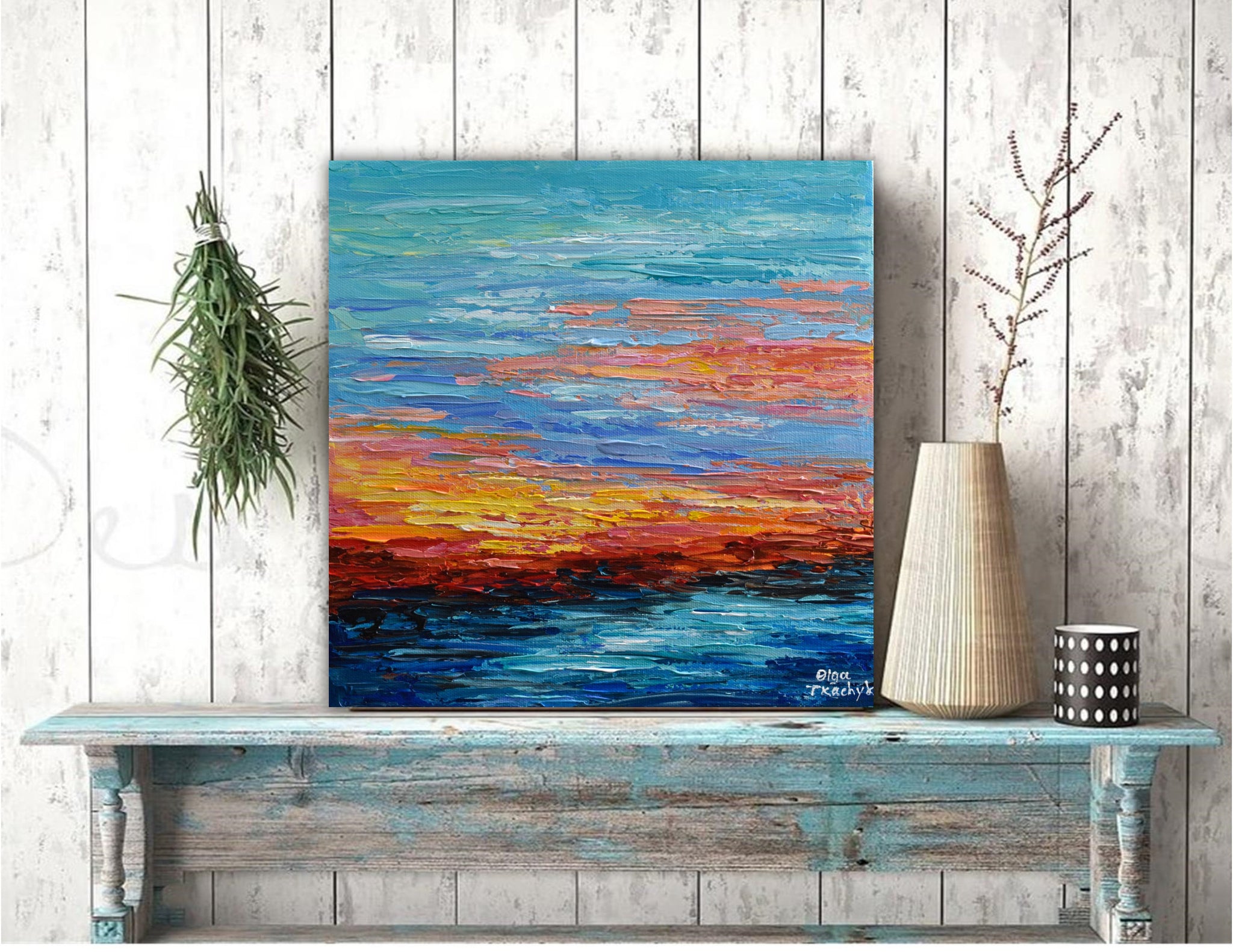 Teal Sunset, Abstract Ocean Painting, Acrylic, 12