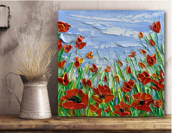 Red Poppies, Original Impasto Floral Painting, Oil, 10"x10"