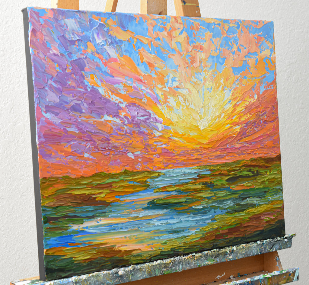 Sunset on the lake, Original Impressionist Painting on Canvas 16x20 ...