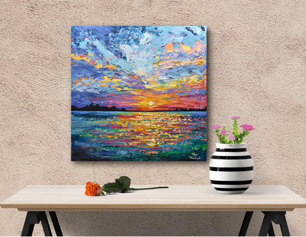 Magical Sunset, Palette Knife Seascape Painting, Acrylic, 24"x24"