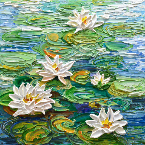 Water Lilies Pond III, Impasto Floral Painting, Acrylic, 12"x12"