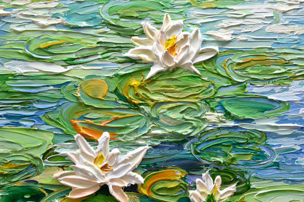 Water Lilies Pond III, Impasto Floral Painting, Acrylic, 12"x12"