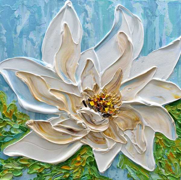 White Magnolia Flower, Original Impasto Floral Painting, Acrylic, 12"x12"
