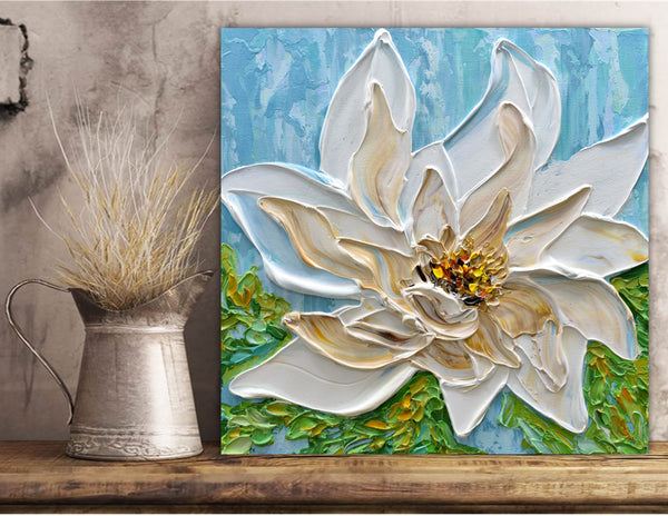 White Magnolia Flower, Original Impasto Floral Painting, Acrylic, 12"x12"