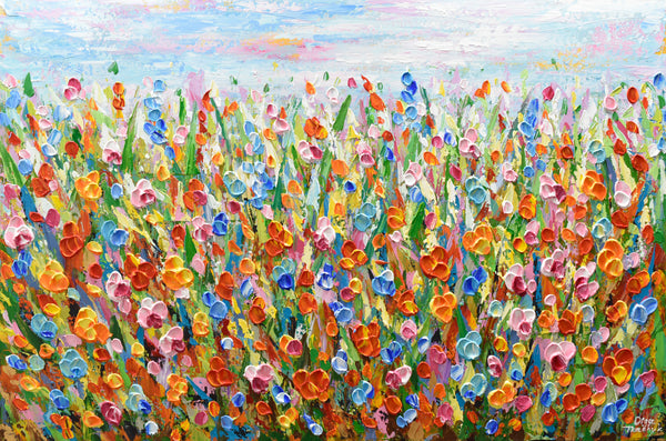 Meadow Joy, Colorful Flower Field, Acrylic on Canvas, 24"x36"