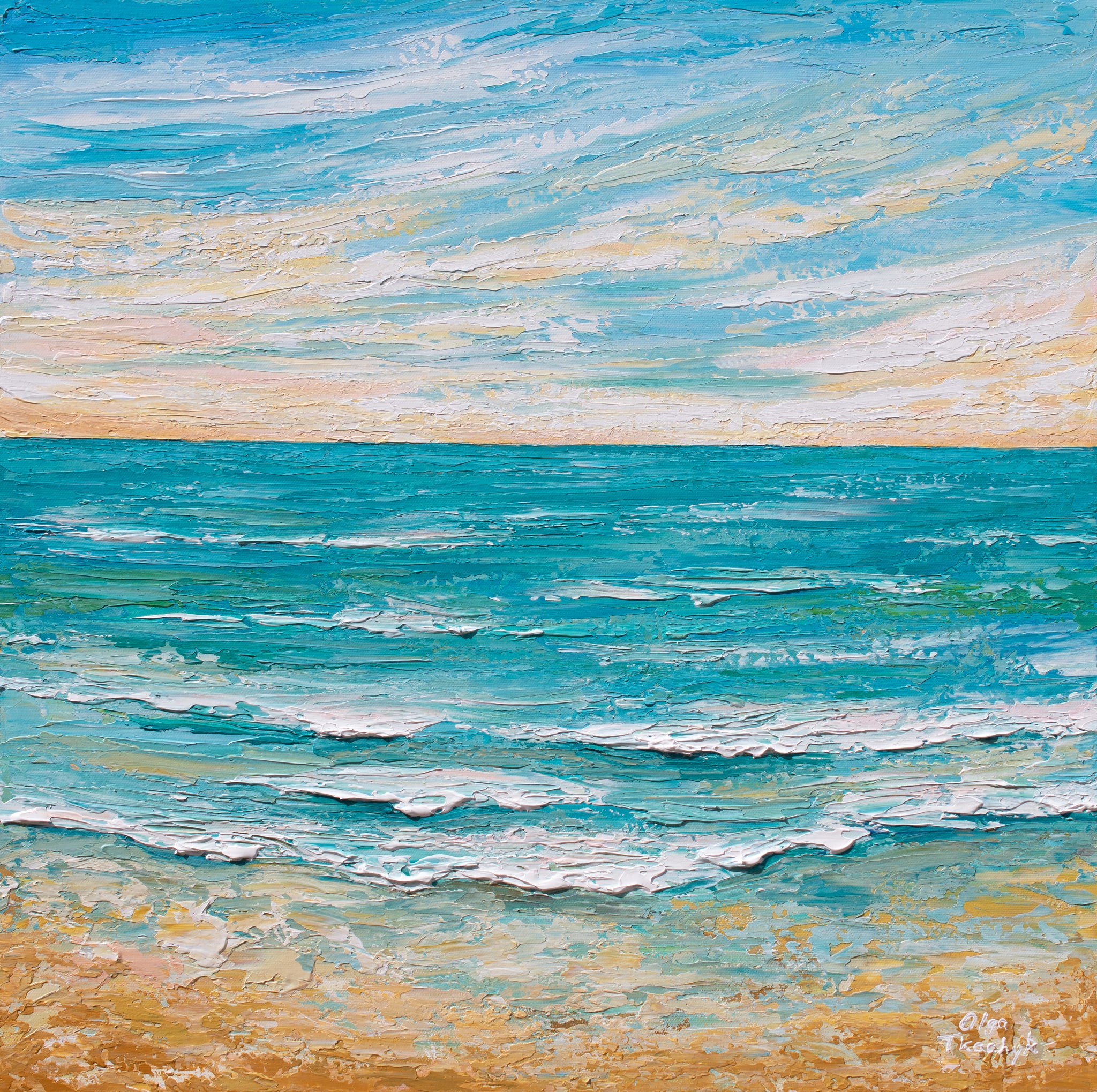 Serene Sunrise, Palette Knife Ocean Painting, Acrylic, 24"x24"