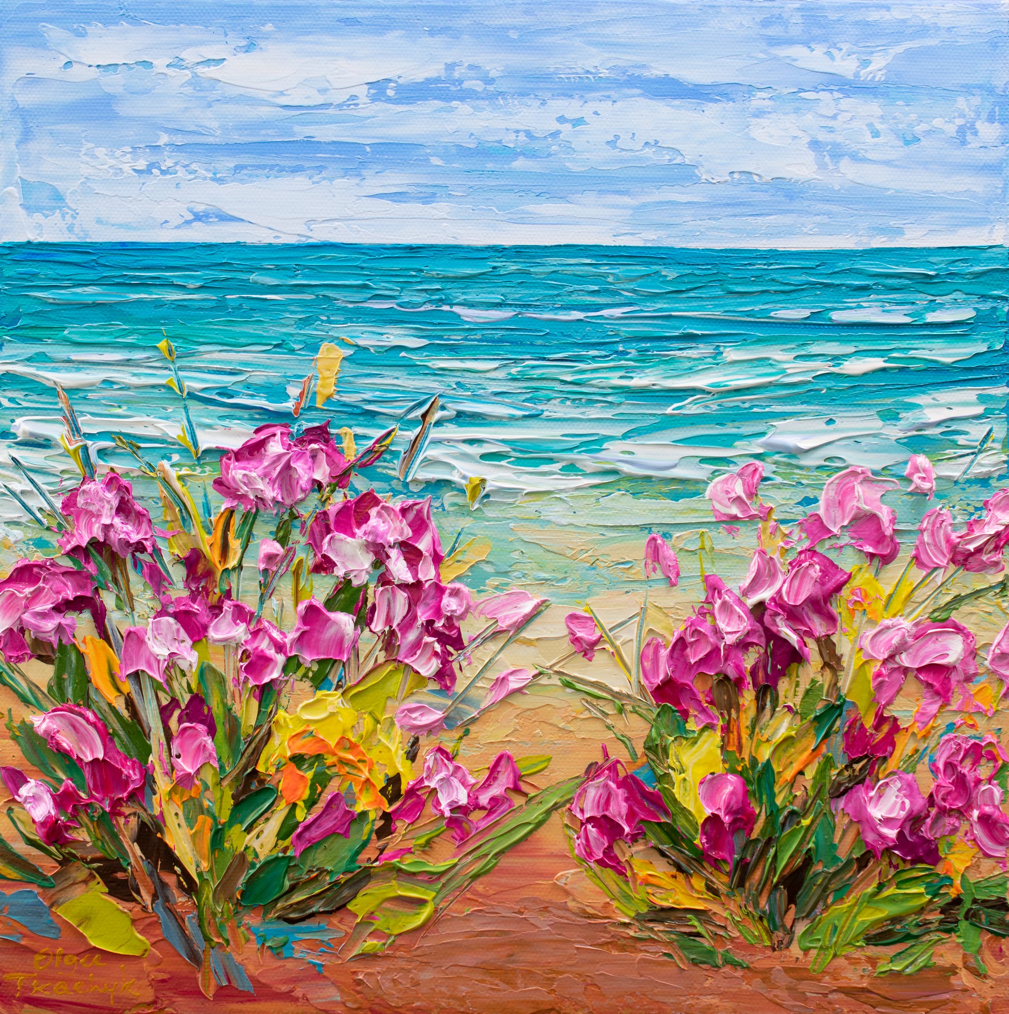 Pink flowers by the sea, Impressionist Painting, Acrylic, 12"x12"