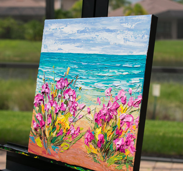 Pink flowers by the sea, Impressionist Painting, Acrylic, 12"x12"