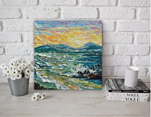 Ocean Sunrise, Palette Knife Painting, Acrylic, 12"x12"
