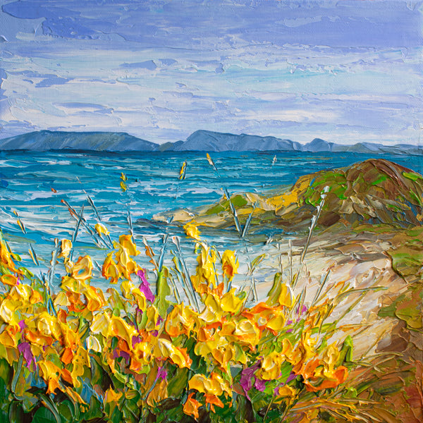 Flowers Near The Ocean, Impressionist Seascape Painting, Acrylic, 12"x12"