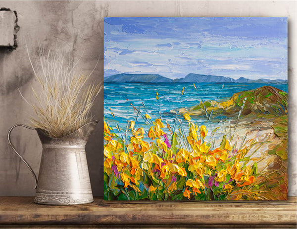 Flowers Near The Ocean, Impressionist Seascape Painting, Acrylic, 12"x12"