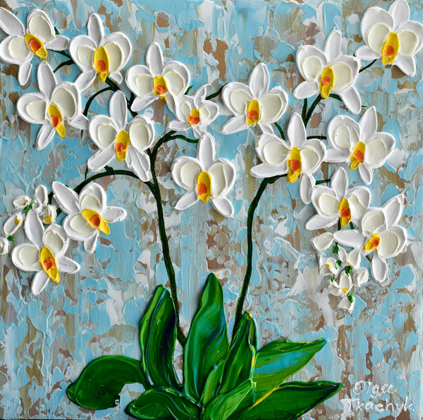 Impasto orchid painting, abstract floral artwork, painting on canvas, acrylic textured flowers
