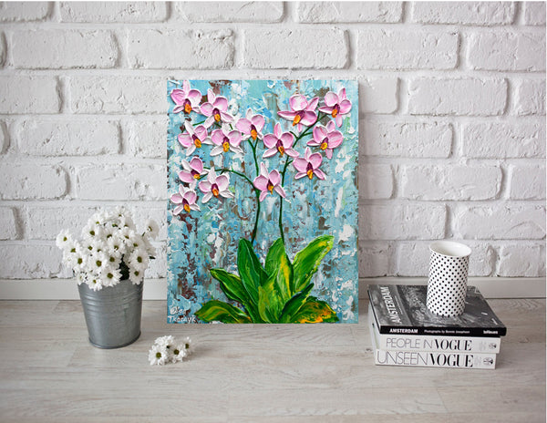Lovely Orchid, Pink Impasto Flower Painting, Acrylics, 11"x14"