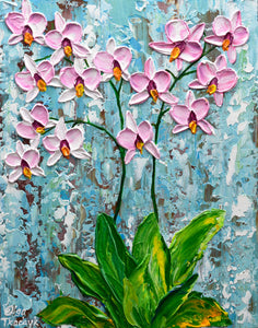impasto orchid painting, textured floral wall art, pink flower artwork