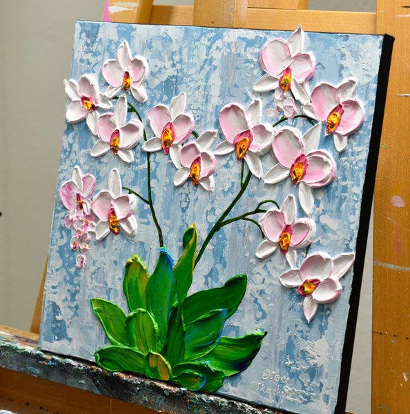 Winter Orchid, Impasto Flower Painting, Acrylics, 12"x12"