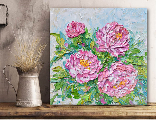 Pink Peonies, Original Impasto Floral Painting, Acrylic, 12"x12"