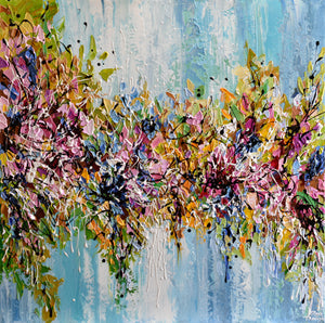Impasto Abstract Floral Painting, Pink Blue Orange Flowers Artwork, Colorful Fall Home Decor