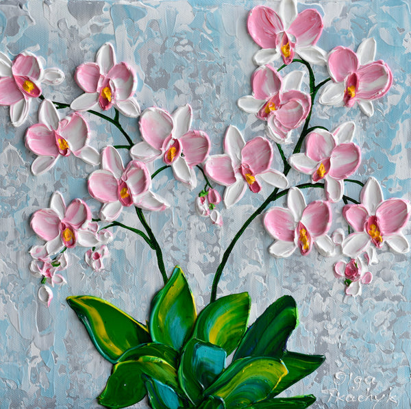 Pink Orchid, Impasto Flower Painting, Acrylics, 12"x12"