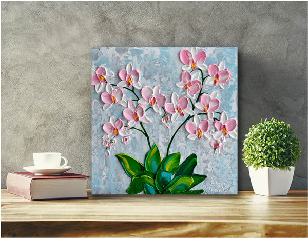 Pink Orchid, Impasto Flower Painting, Acrylics, 12"x12"