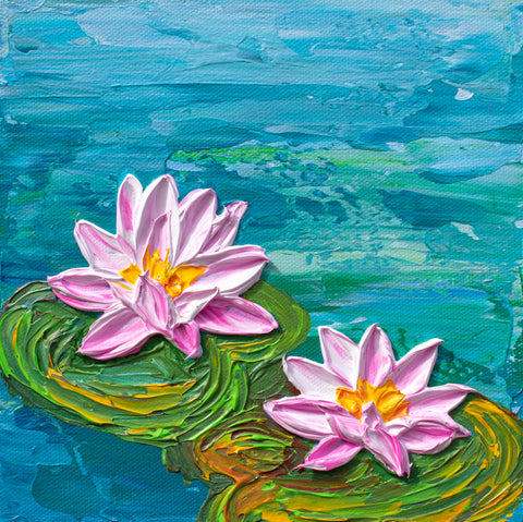 Pink Water Lilies, Original Impasto Floral Painting, Acrylic, 8"x8"