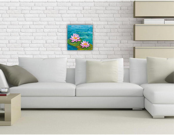 Pink Water Lilies, Original Impasto Floral Painting, Acrylic, 8"x8"