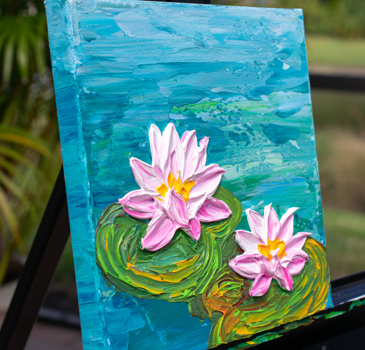 Pink Water Lilies Original Impasto Floral Painting Acrylic 8 X8
