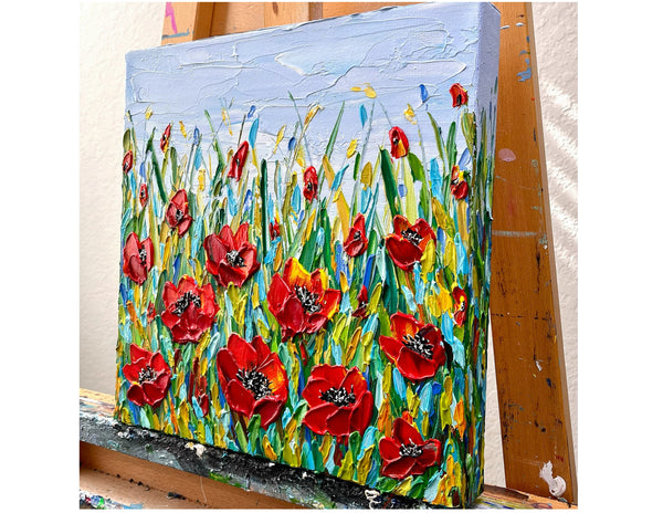 Poppies Meadow, Palette Knife Painting, Acrylics, 12"x12"