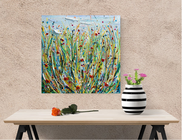Poppy Meadow, Abstract Floral Painting, 20"x20"