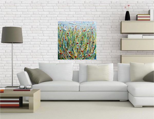 Poppy Meadow, Abstract Floral Painting, 20"x20"