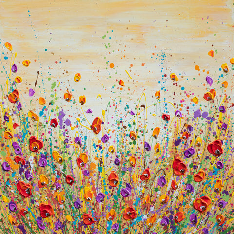 Sunset Meadow, Abstract Floral Painting, 20"x20"