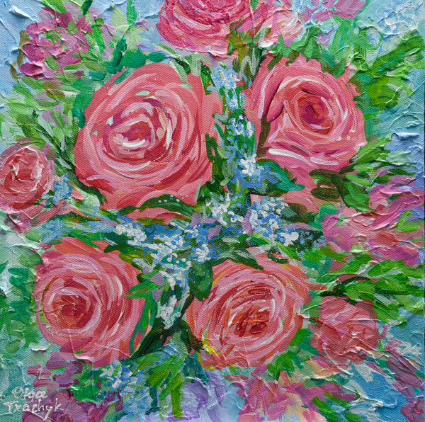 Rose painting, impressionist floral artwork, acrylic on canvas