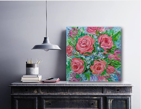 Pink Roses, Acrylic on Canvas, 12"x12"
